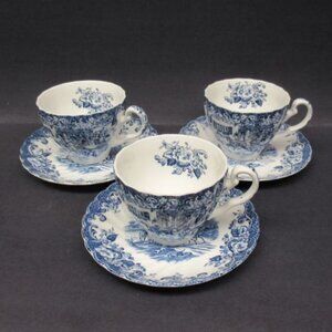 3 - Johnson Brothers England COACHING SCENES Blue Tea n Coffee Cups and Saucers